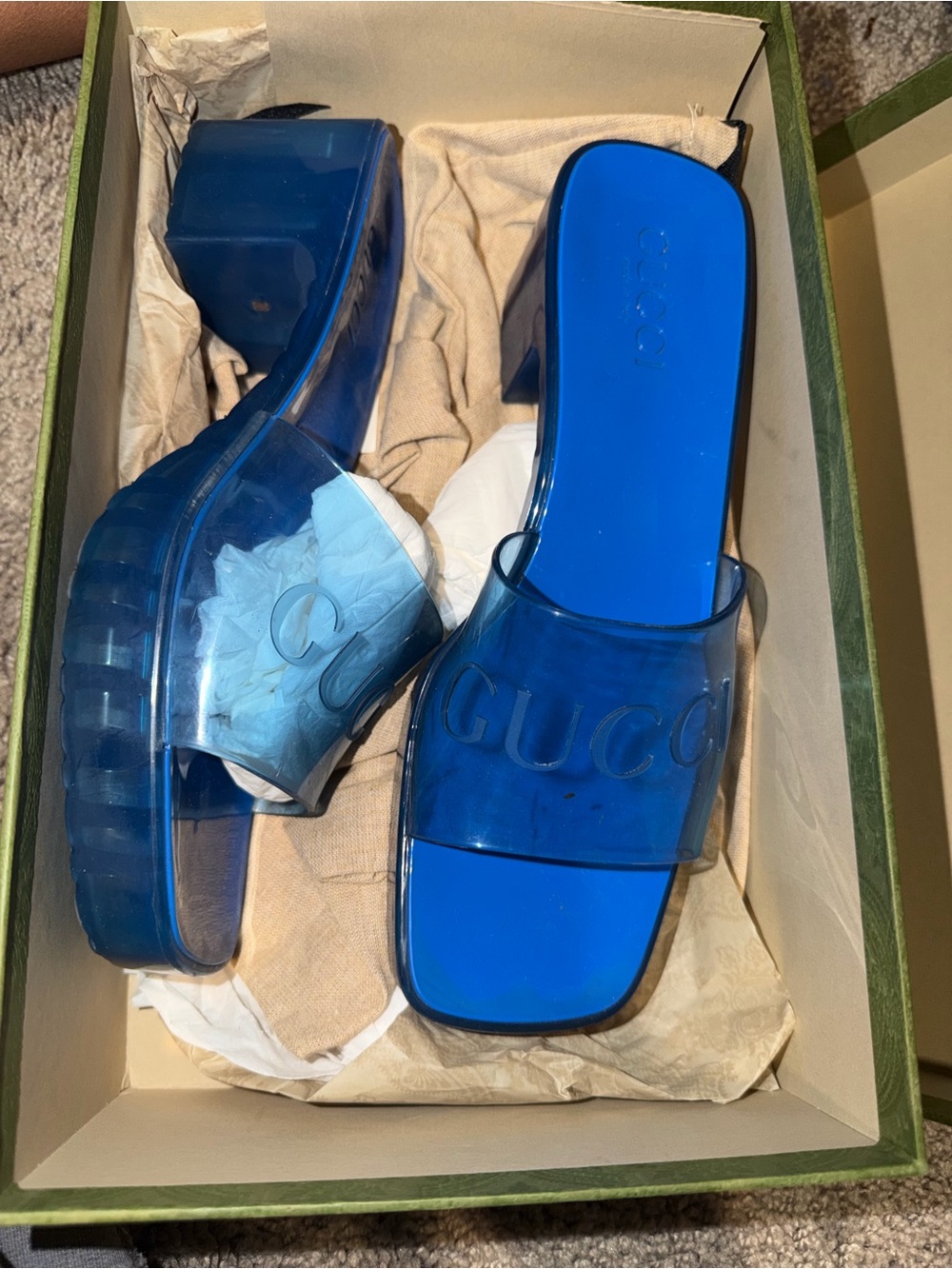 Gucci Royal Blue Transparent Jelly Slide Heels - Picture 2 of 4